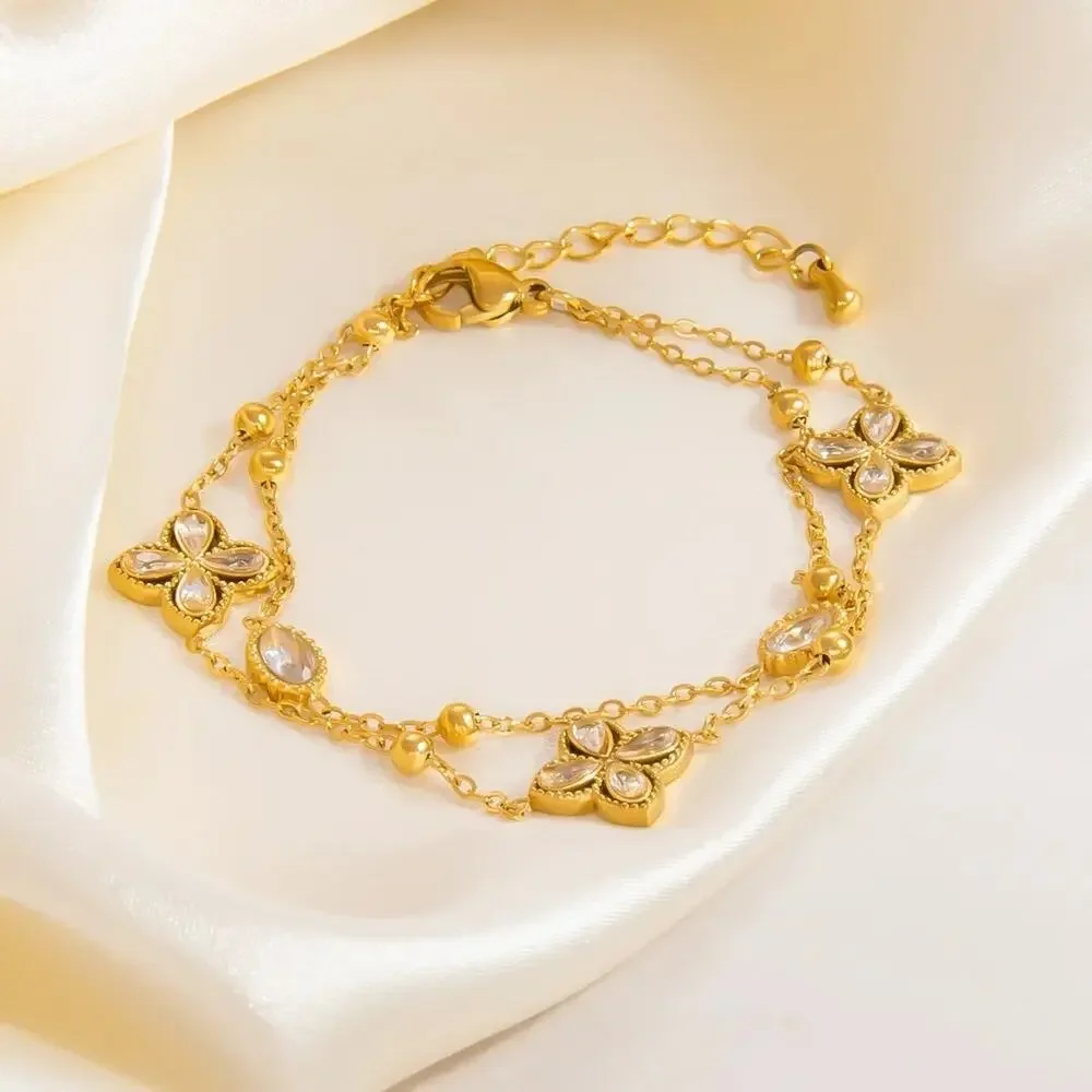 18K Gold Plated Clover Double Layered Charm Bracelet